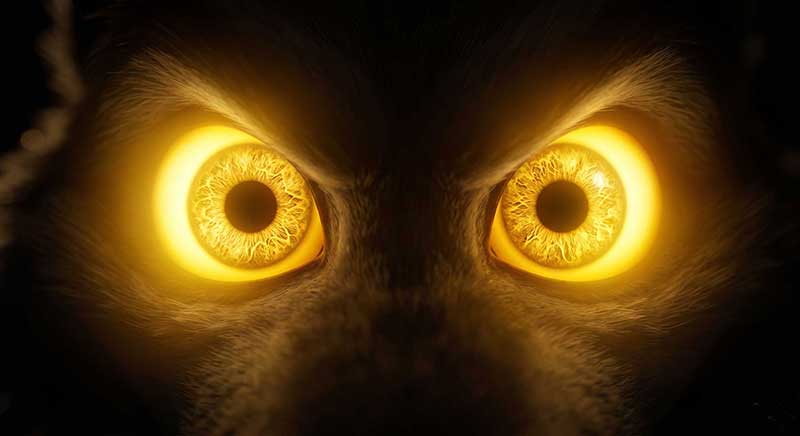 3D AI animated extreme close-up of a terrifying shadowy wolf with intense, glowing yellow eyes glaring menacingly from the darkness by Inspirious Design