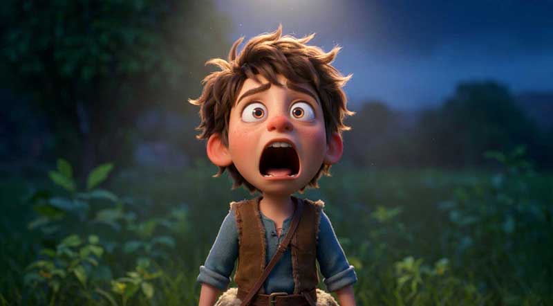 3D AI animated cinematic close-up of a terrified shepherd boy screaming in pure horror with wide eyes and an open mouth, standing alone in a dark, shadowy field at night by Inspirious Design