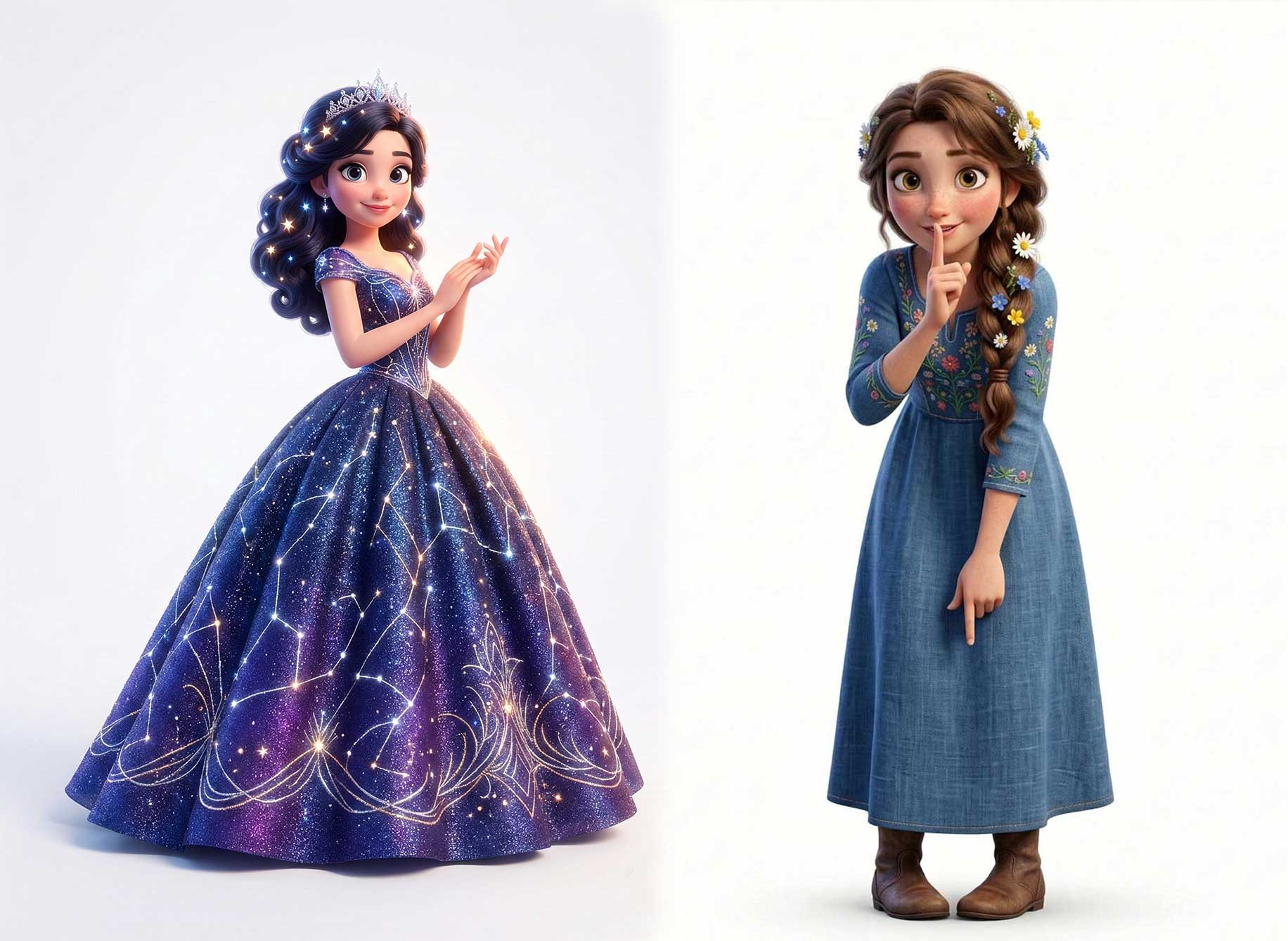 Side-by-side 3D AI character design of a sweet young girl in a humble blue village dress and a sparkling constellation ballgown by Inspirious Design
