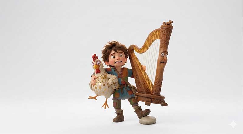 3D AI character design of Jack looking panicked with large green eyes, wearing a colorful patchwork tunic while awkwardly carrying a startled white and gold hen and a terrified carved wooden harp by Inspirious Design