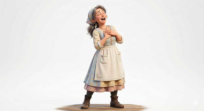 3D AI character design of Jack's mother laughing joyfully, wearing a light blue floral peasant dress, a white apron, and a patterned headscarf by Inspirious Design