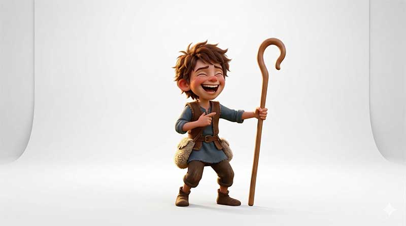 3D AI animated character design reference sheet of Leo the shepherd boy laughing heartily, wearing a rustic blue tunic, a brown vest with fluffy sheepskin pouches, and holding a wooden staff against a clean white studio background by Inspirious Design