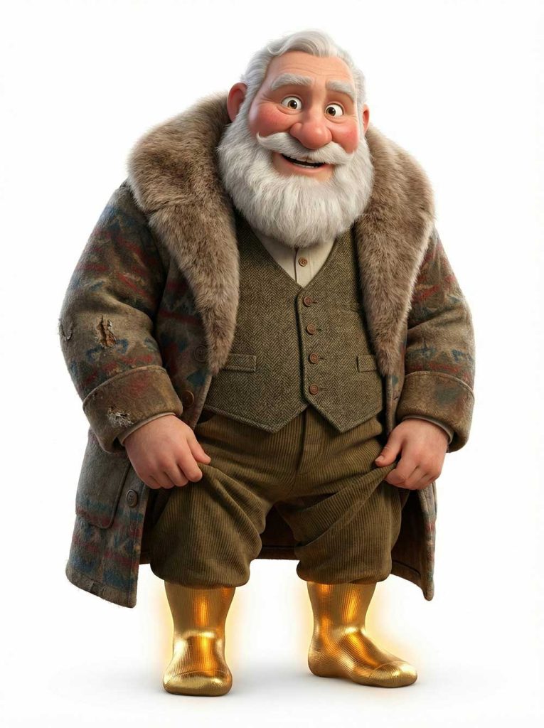 3D AI character design of an older merchant in a heavy winter coat looking heartbroken holding a single red rose by Inspirious Design