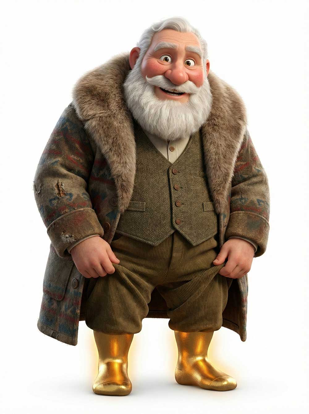 3D AI character design of an older merchant in a heavy winter coat looking heartbroken holding a single red rose by Inspirious Design