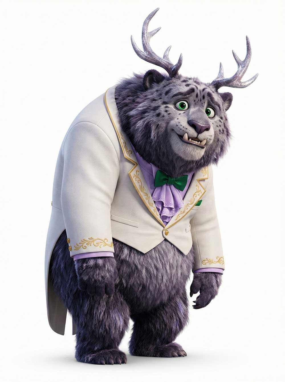 3D AI character design of a cute furry purple monster with antlers wearing an elegant white tuxedo and green bow tie by Inspirious Design