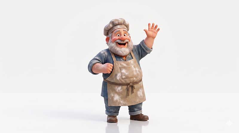 3D AI animated character design reference sheet of a cheerful, plump baker waving happily, wearing a flour-dusted blue tunic, a messy tan apron, and a baker's hat against a clean white studio background by Inspirious Design