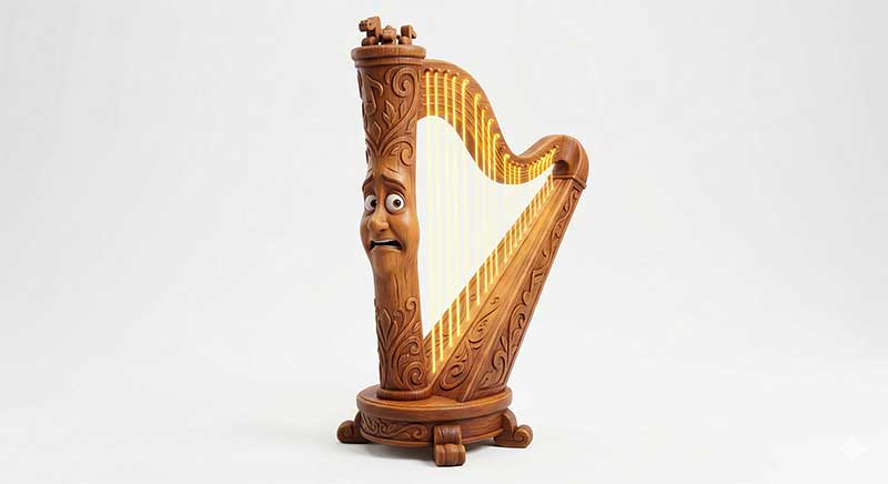 3D AI character design of an intricate carved wooden harp with a worried human face on the pillar and glowing golden strings by Inspirious Design