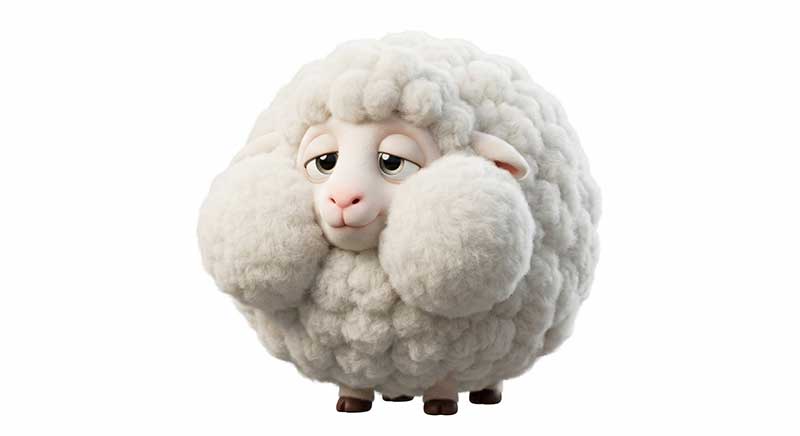 3D AI animated character design reference sheet of an impossibly round, fluffy white sheep with a sleepy expression and tiny brown hooves standing against a clean white studio background by Inspirious Design