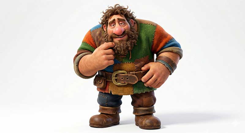 3D AI character design of a massive, broad-shouldered giant with a bulbous pink nose and curly beard, wearing a colorful patchwork leather tunic by Inspirious Design