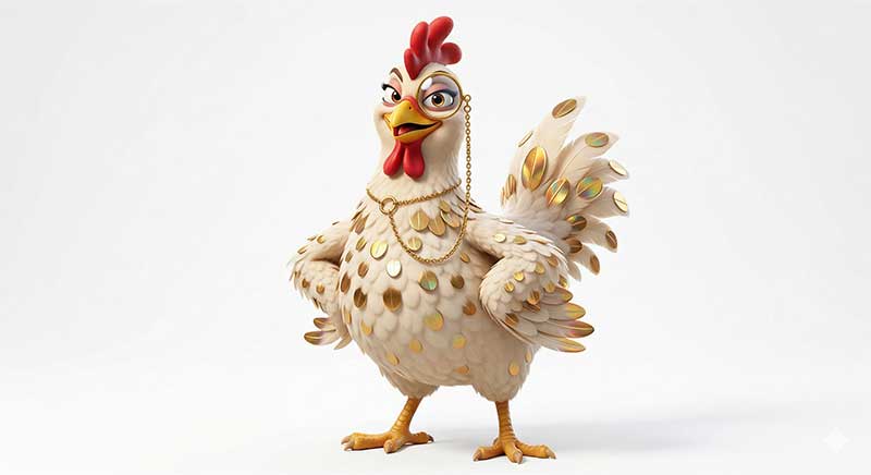 3D AI character design of a proud white hen wearing a gold monocle and a gold chain, with gold coin-like embellishments on her feathers by Inspirious Design