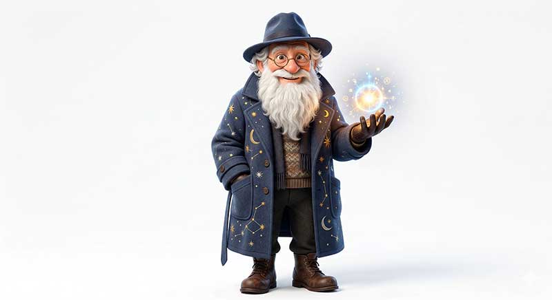 3D AI character design of a whimsical old man with a thick white beard and round spectacles, wearing a dark blue coat embroidered with golden stars and moons, holding a glowing magical orb by Inspirious Design