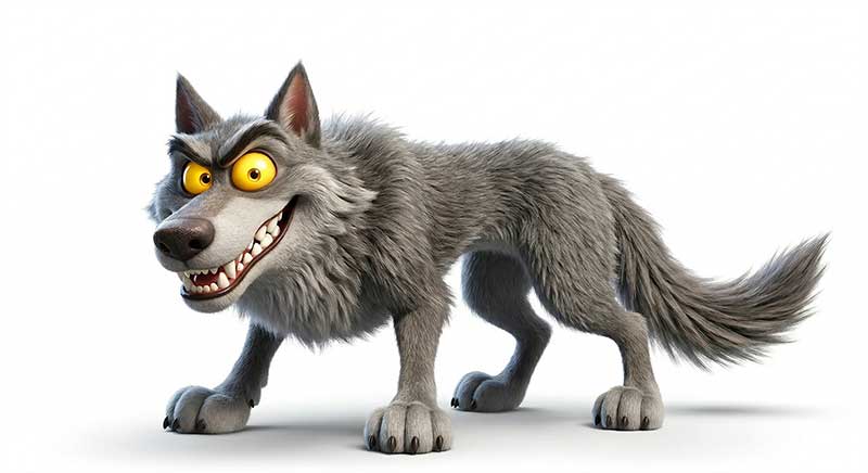 3D AI animated character design reference sheet of a menacing grey wolf with bright yellow eyes, sharp teeth, and thick scruffy fur standing in a low stalking posture against a clean white studio background by Inspirious Design