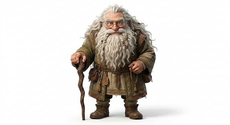 3D AI animated character design reference sheet of a stern wise old man with a flowing braided white beard and glasses, wearing a textured green and brown tunic with leather pouches, holding a twisted wooden staff and beads against a clean white studio background by Inspirious Design