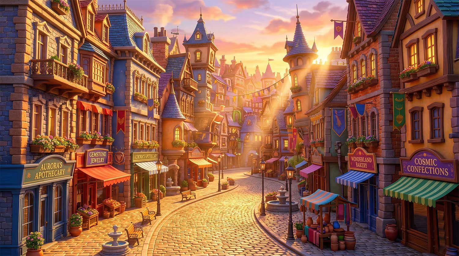 3D AI animated sweeping view of a vibrant cobblestone city street at sunset, lined with colorful fantasy buildings, hanging banners, and glowing storefronts by Inspirious Design