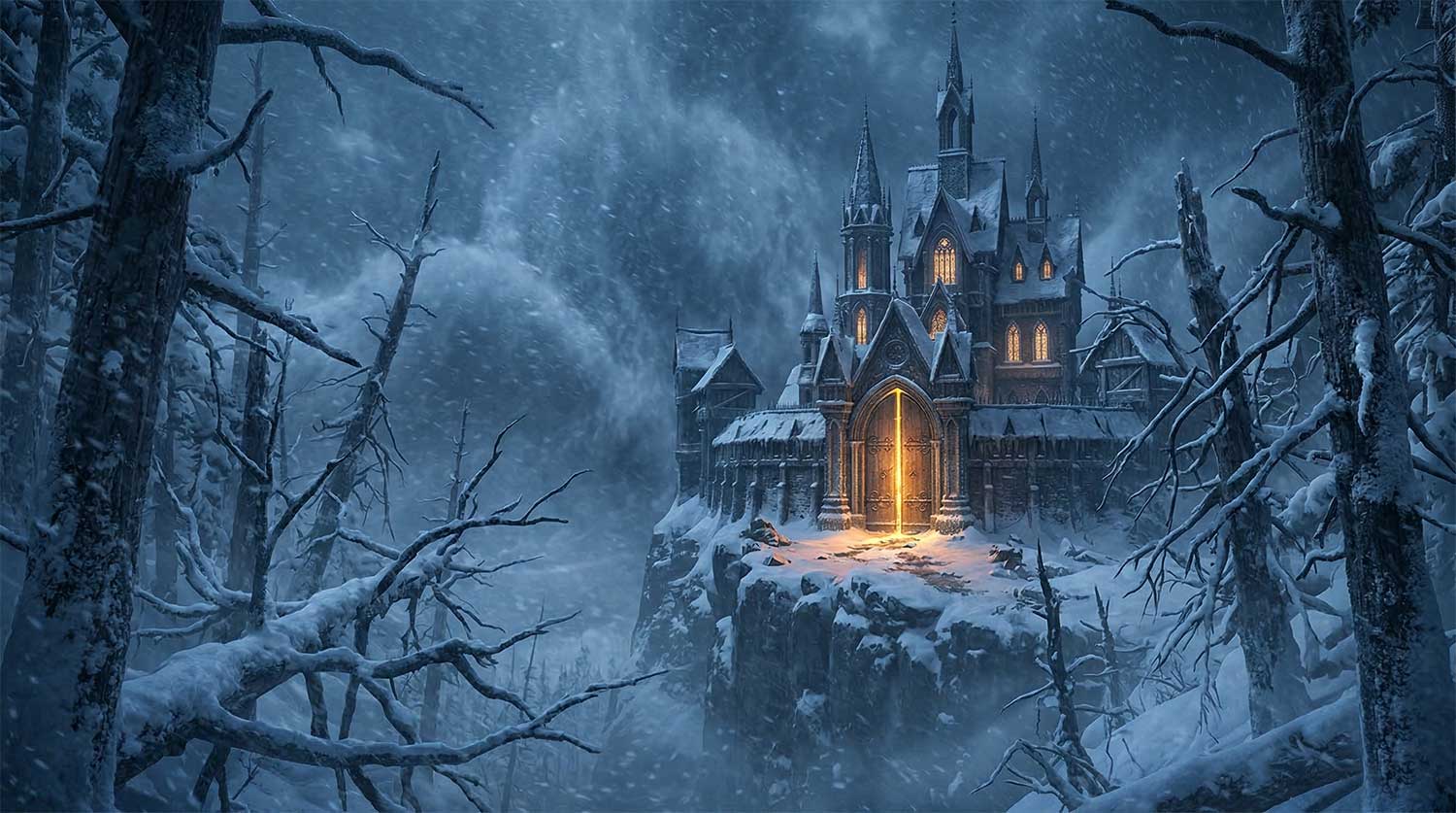 3D AI animated dark winter forest in a heavy blizzard with bare skeletal trees framing a gothic cliffside castle with glowing warm gates by Inspirious Design