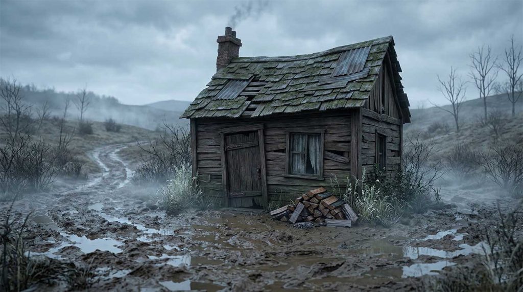 3D AI animated dilapidated wooden cottage with a mossy patched roof surrounded by deep muddy ruts and thick grey fog by Inspirious Design