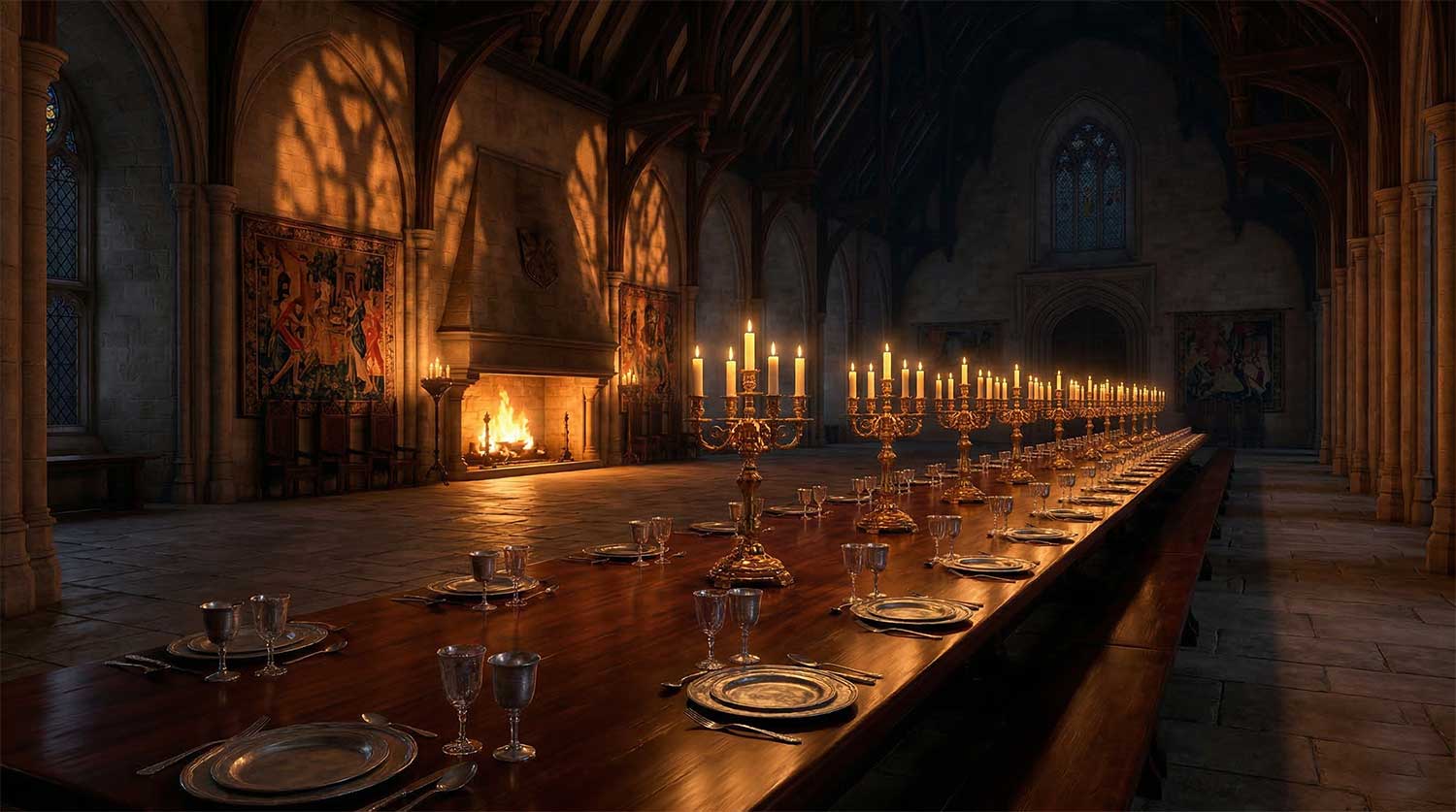 3D AI animated massive medieval dining hall with a long polished wooden table illuminated by glowing golden candelabras and a roaring fireplace by Inspirious Design