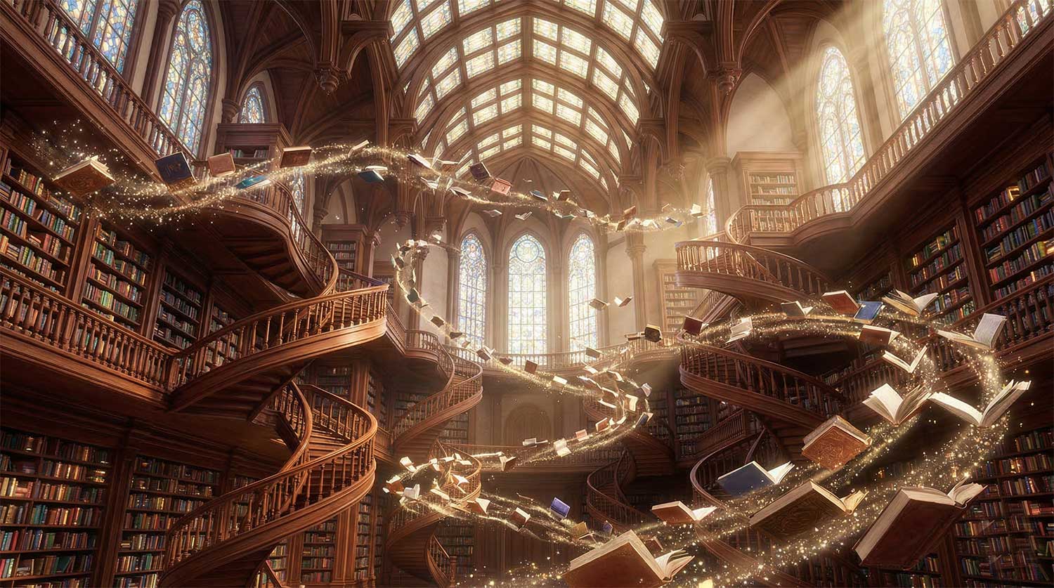 3D AI animated massive gothic library with winding wooden spiral staircases and a swirling vortex of flying books glowing with golden stardust by Inspirious Design