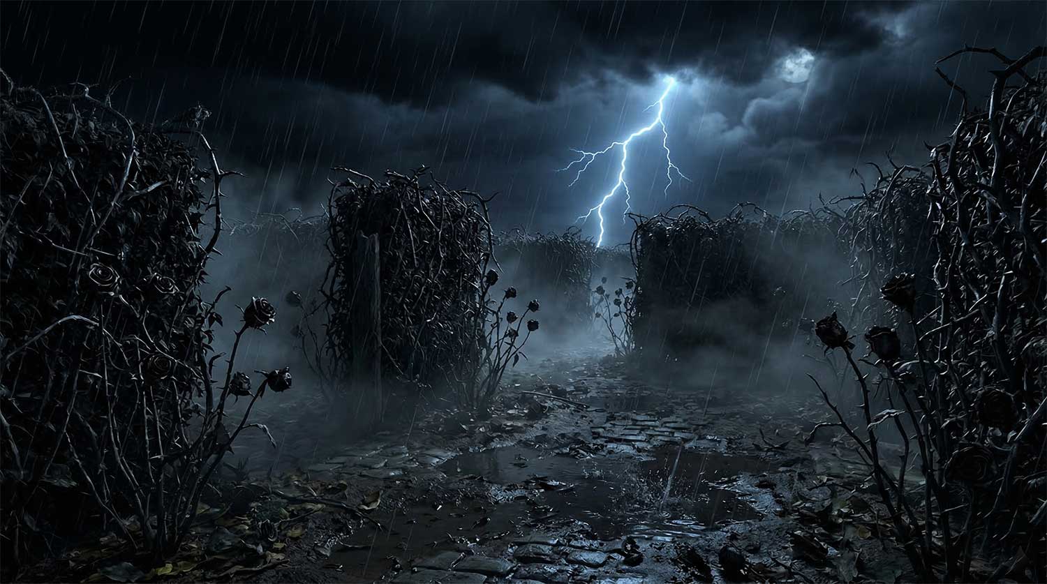 3D AI animated dark nightmare rose garden in a heavy rainstorm with dead thorny vines, black withered roses, wet cobblestones, and a bright lightning strike by Inspirious Design