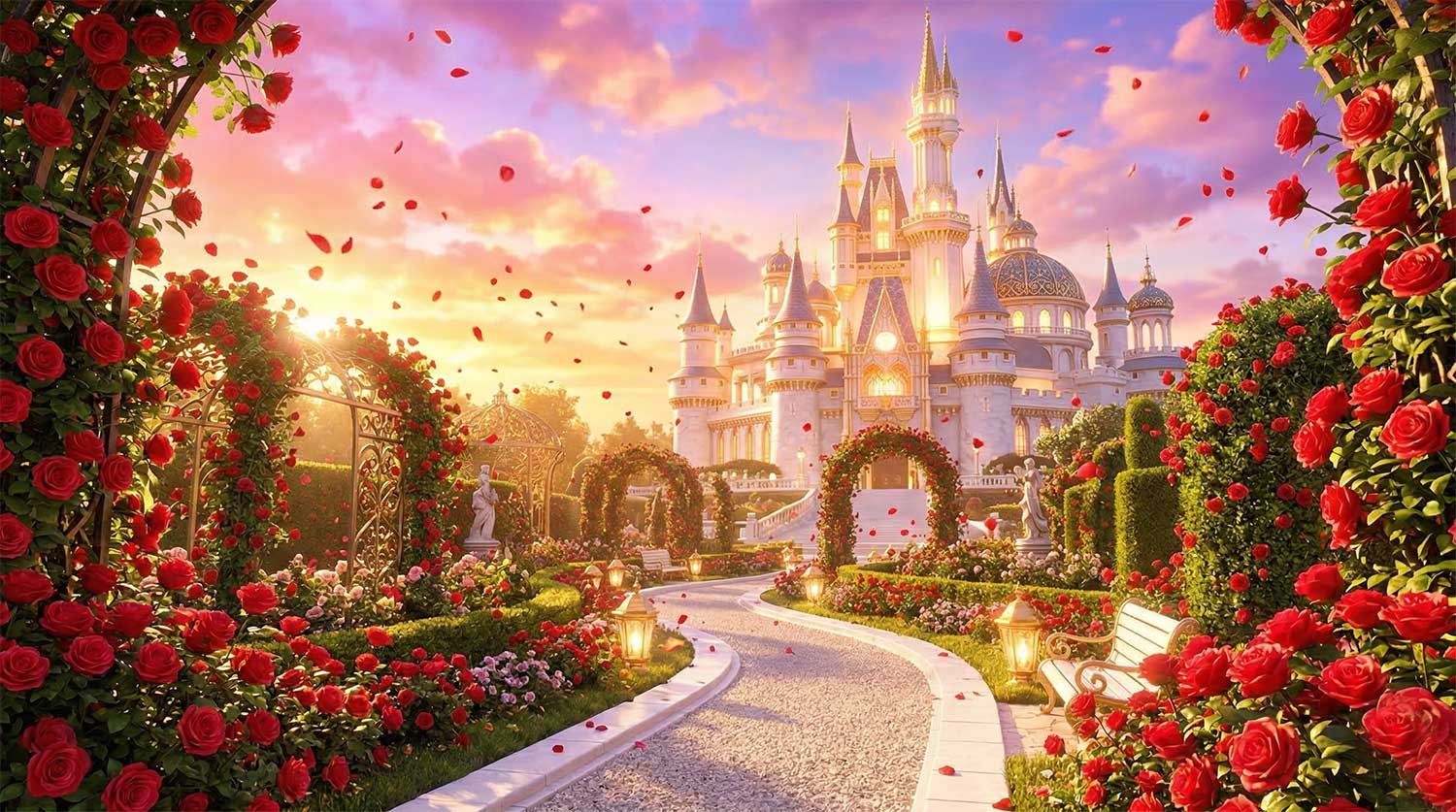 3D AI animated vibrant blooming red rose garden with a winding white path leading to a glowing pristine fairy tale castle under a pastel sunset with falling petals by Inspirious Design