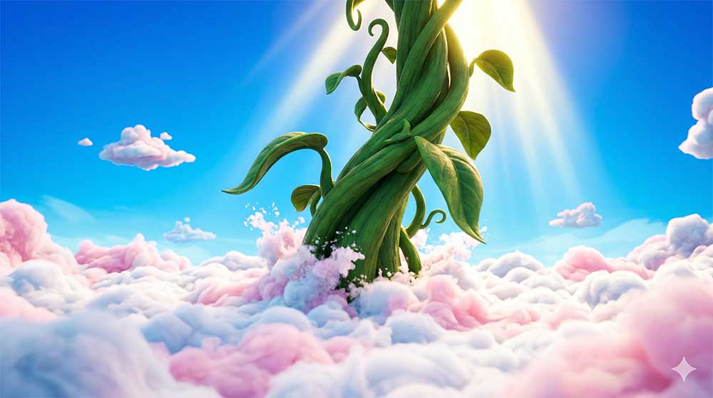 3D AI animated massive twisted green beanstalk bursting through a breathtaking meadow of fluffy pink and white clouds under a bright blue sky with glowing golden sun rays by Inspirious Design