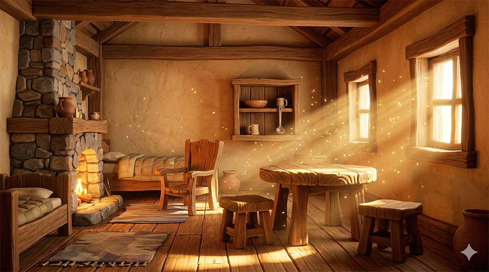 3D AI animated cozy rustic cottage interior with a stone fireplace, wooden furniture, and warm golden sunlight streaming through a window illuminating floating dust motes by Inspirious Design