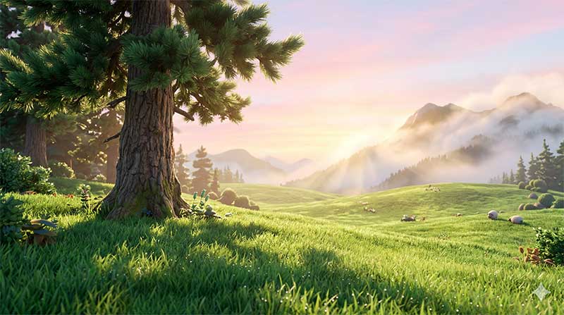 3D AI animated landscape of a lush emerald-green mountain pasture at sunrise, featuring a giant textured pine tree in the foreground, distant grazing sheep, rolling hills, and warm golden sunbeams piercing through thick morning mist by Inspirious Design