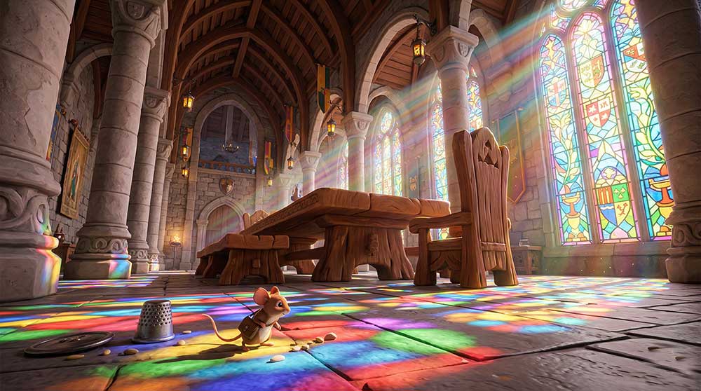 3D AI animated massive stone castle hall with towering pillars, a giant wooden dining table, and brilliant rainbow light pouring through stained-glass windows with a tiny mouse in the foreground by Inspirious Design