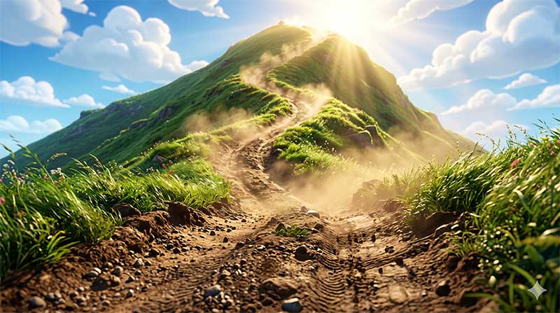 3D AI animated low-angle landscape of a steep, winding dirt path going up a lush green hill, with deep ruts kicking up dust under a bright blue sky and blinding sun by Inspirious Design