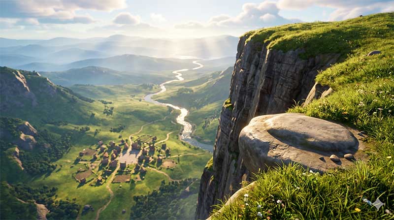 3D AI animated landscape of a high rocky cliff edge featuring a smooth flat viewing stone, overlooking a lush green valley with a winding river and a tiny rustic village bathed in warm sunlight and god-rays by Inspirious Design
