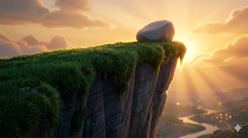 3D AI animated low-angle close-up of a high grassy cliff edge with a smooth grey stone, heavily backlit by a brilliant golden sunrise with intense sunbeams piercing through the clouds above a distant, hazy river valley by Inspirious Design