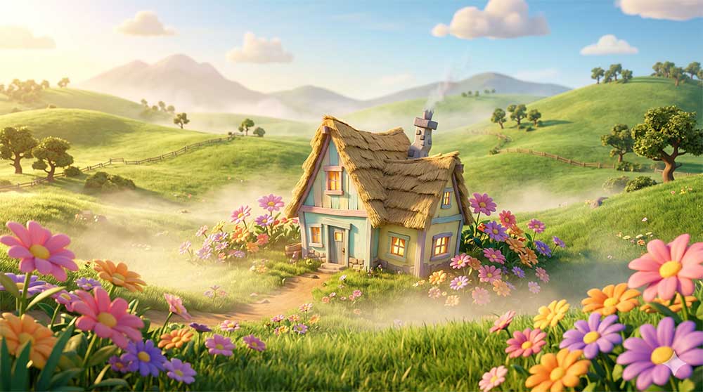 3D AI animated idyllic rolling green valley featuring a cute whimsical cottage with a thatched roof surrounded by giant colorful blooming flowers and soft morning mist by Inspirious Design