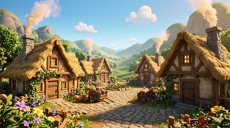 3D AI animated landscape of a cozy rustic fantasy village featuring stone cottages with thick thatched roofs, a winding cobblestone path, blooming colorful flowers, and wooden carts filled with pumpkins under a bright blue afternoon sky by Inspirious Design