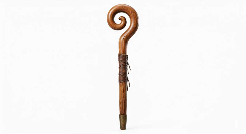 3D AI generated highly detailed rustic wooden shepherd's crook with tight dark leather wrapping and an aged brass tip standing against a clean white studio background by Inspirious Design