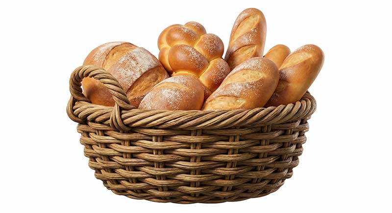3D AI generated realistic woven wicker basket overflowing with fresh golden crusty bread loaves and baguettes lightly dusted with flour against a clean white studio background by Inspirious Design