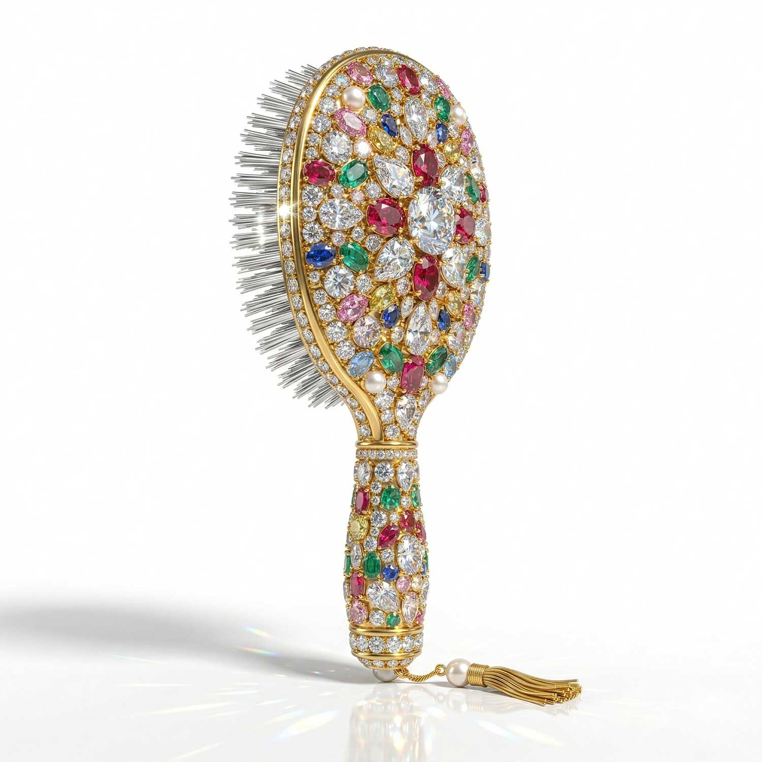 3D AI generated ornate golden hairbrush completely encrusted with sparkling diamonds, rubies, emeralds, and sapphires with a pearl tassel by Inspirious Design