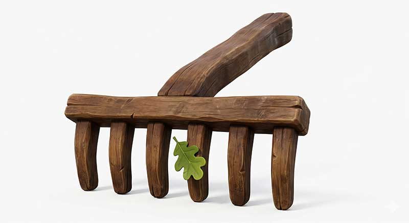 3D AI generated rustic weathered wooden farming rake with thick tines and a single green oak leaf stuck in it against a clean white studio background by Inspirious Design