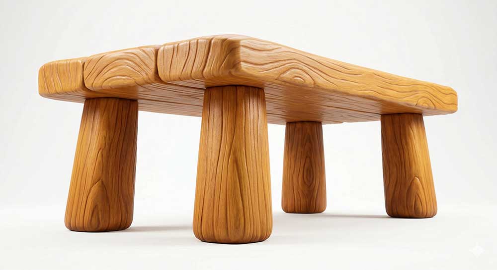 3D AI generated massive, chunky rustic wooden table with thick cylindrical legs and exaggerated wood grain texture on a white background by Inspirious Design