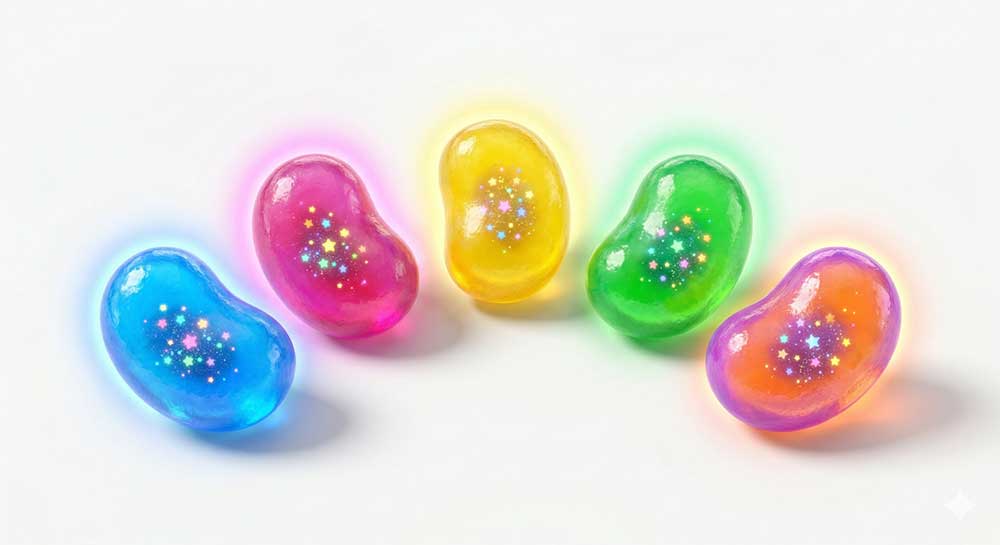 3D AI generated five glowing, translucent magic beans in vibrant pink, yellow, green, blue, and purple hues with sparkling stars trapped inside on a white background by Inspirious Design
