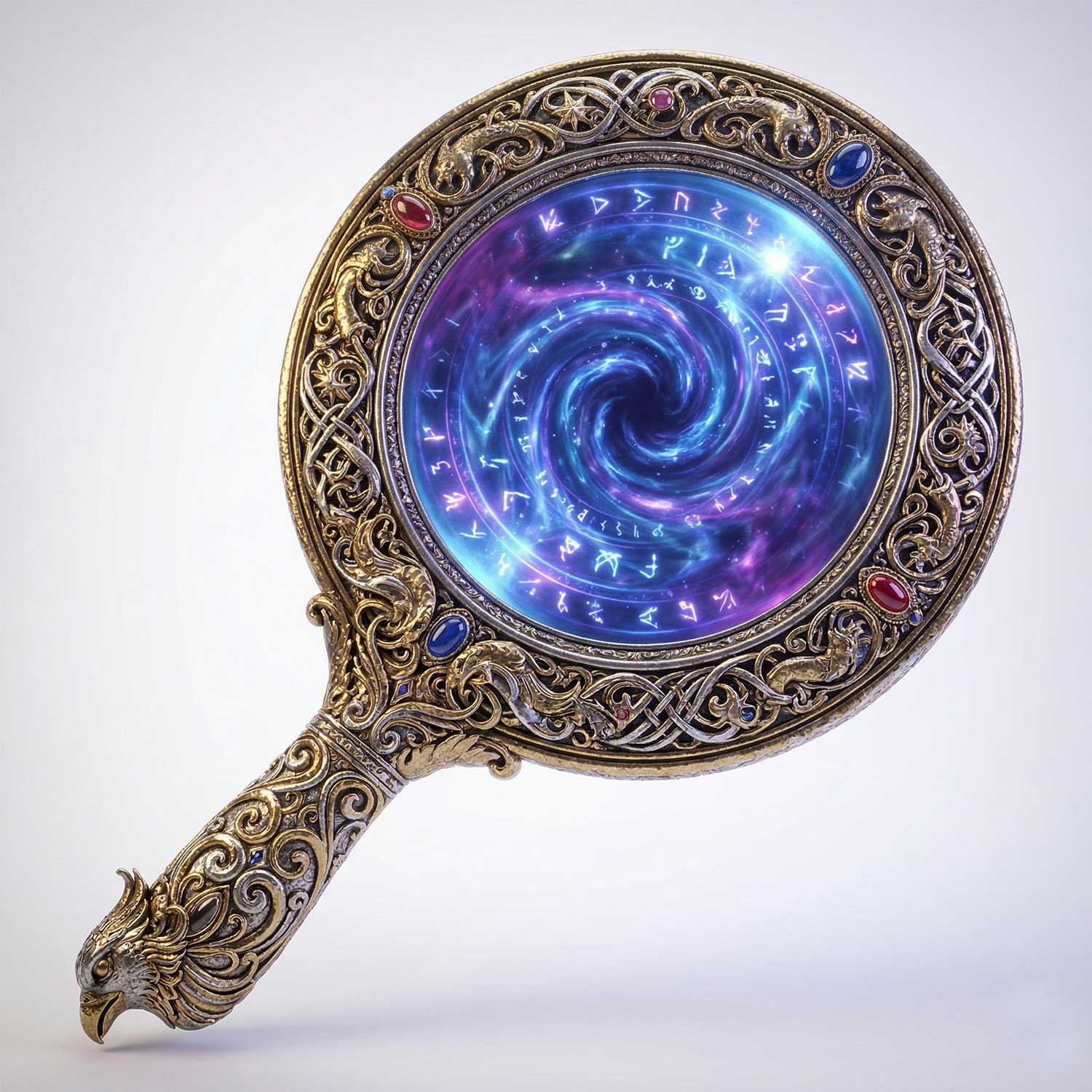3D AI generated ornate antique hand mirror with an eagle handle showing a swirling purple galaxy and glowing magical runes in the reflection by Inspirious Design