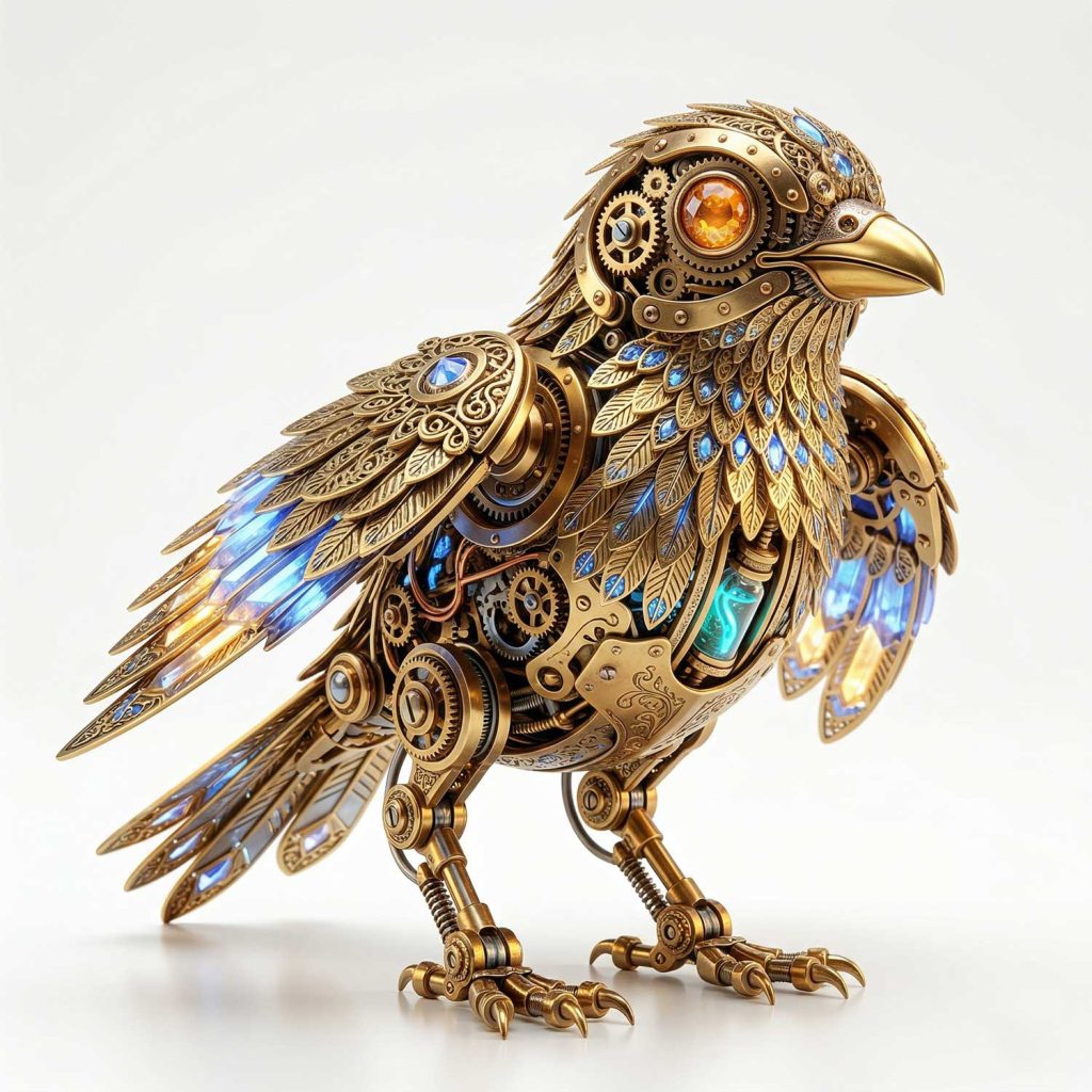 3D AI generated intricate clockwork mechanical bird made of golden gears with glowing blue crystal feathers and amber jewel eyes by Inspirious Design