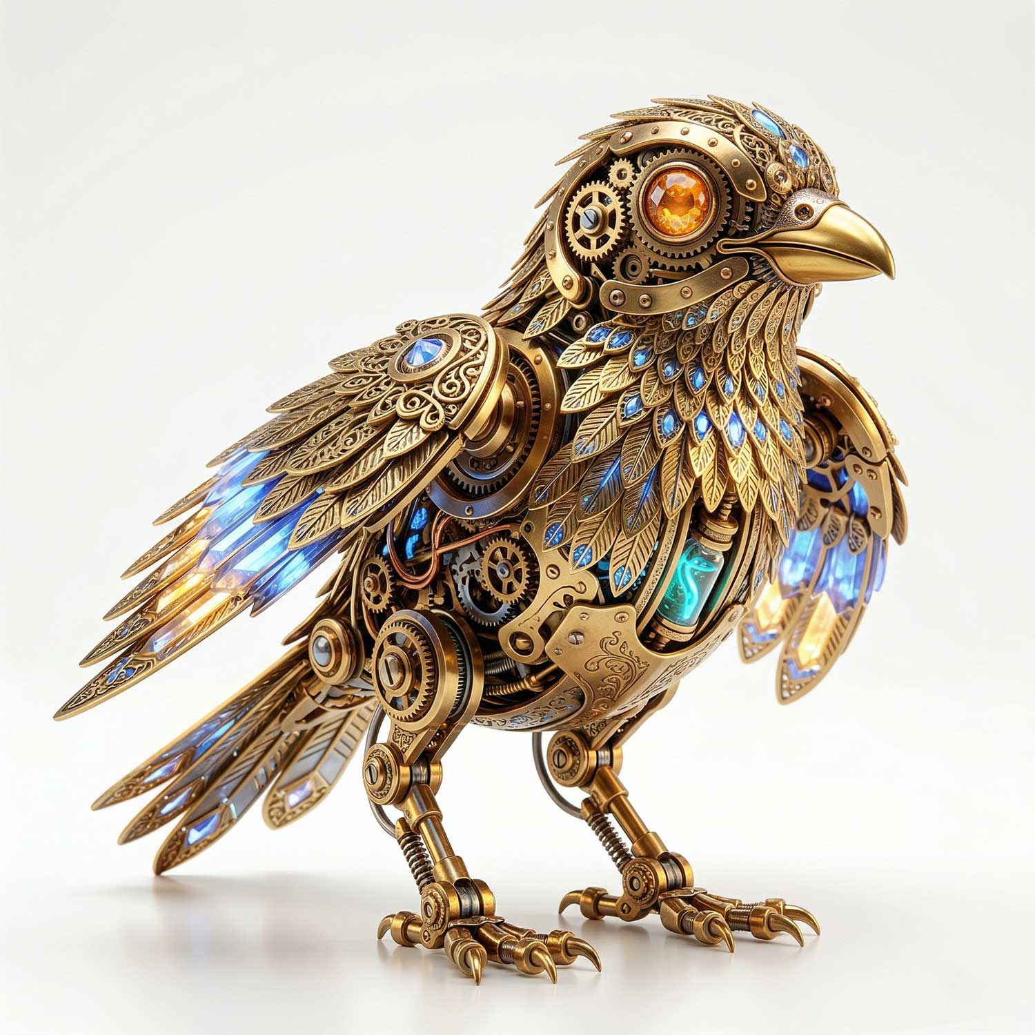 3D AI generated intricate clockwork mechanical bird made of golden gears with glowing blue crystal feathers and amber jewel eyes by Inspirious Design