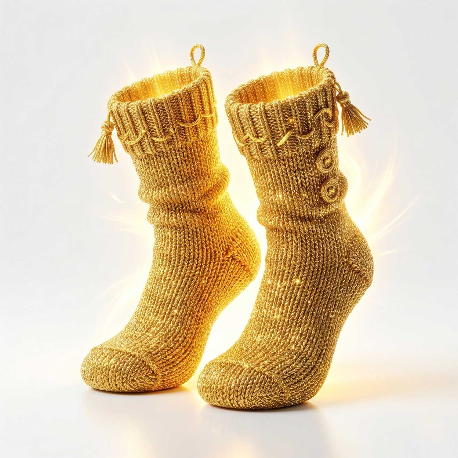 3D AI generated pair of thick knitted winter socks glowing with a bright magical golden sparkling aura with tassels by Inspirious Design
