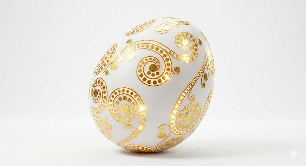 3D AI generated pristine white magical egg adorned with intricate, glowing golden swirling patterns and circular discs on a white background by Inspirious Design