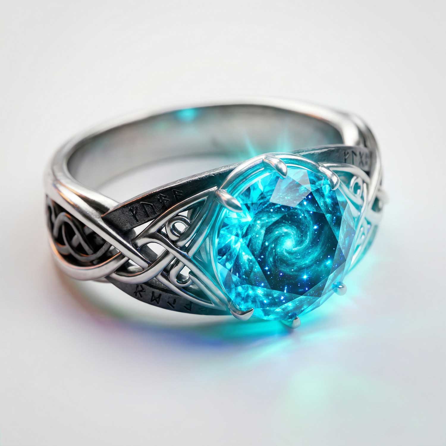 3D AI generated intricate silver ring with celtic knots featuring a massive glowing bright blue jewel containing a swirling starlight galaxy by Inspirious Design