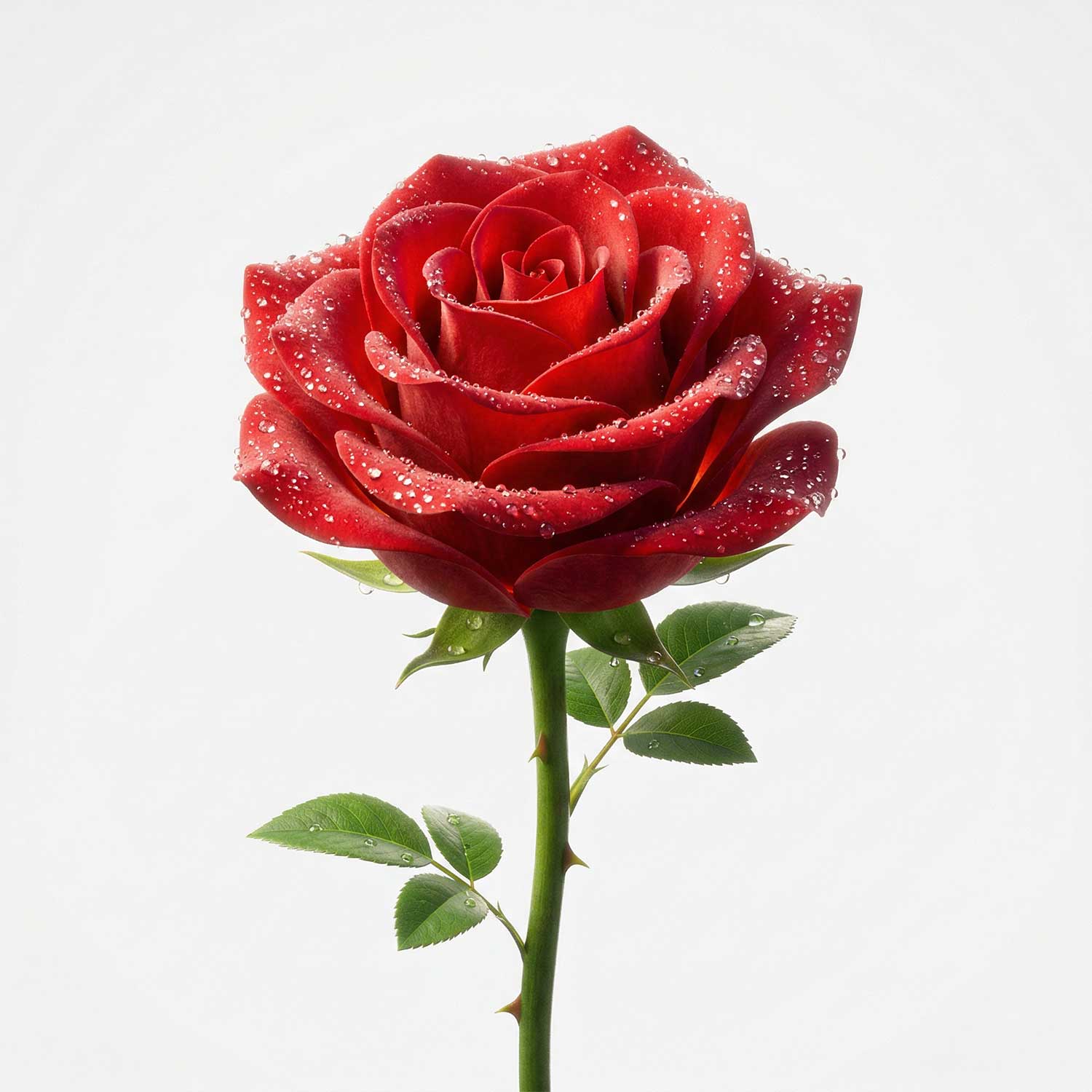 3D AI generated hyper-realistic perfect blooming red rose covered in sparkling morning dew water droplets on a white background by Inspirious Design