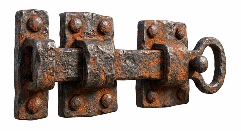 3D AI generated heavy forged iron sliding door bolt mechanism heavily weathered with thick rust and pitting against a clean white studio background by Inspirious Design