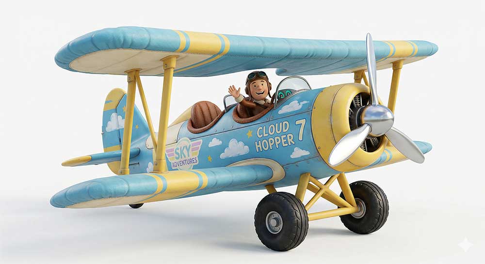 3D AI generated stylized vintage biplane in pastel blue and yellow with the text "Cloud Hopper 7" and a waving pilot on a white background by Inspirious Design