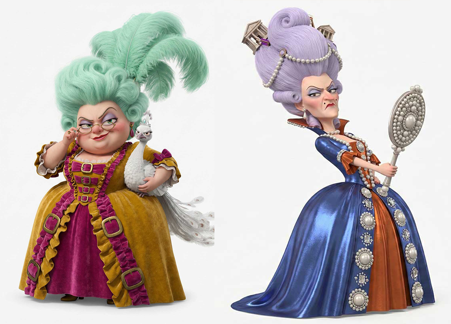 3D AI character designs of two snooty sisters in highly exaggerated 18th-century fashion with towering wigs and colorful dresses by Inspirious Design