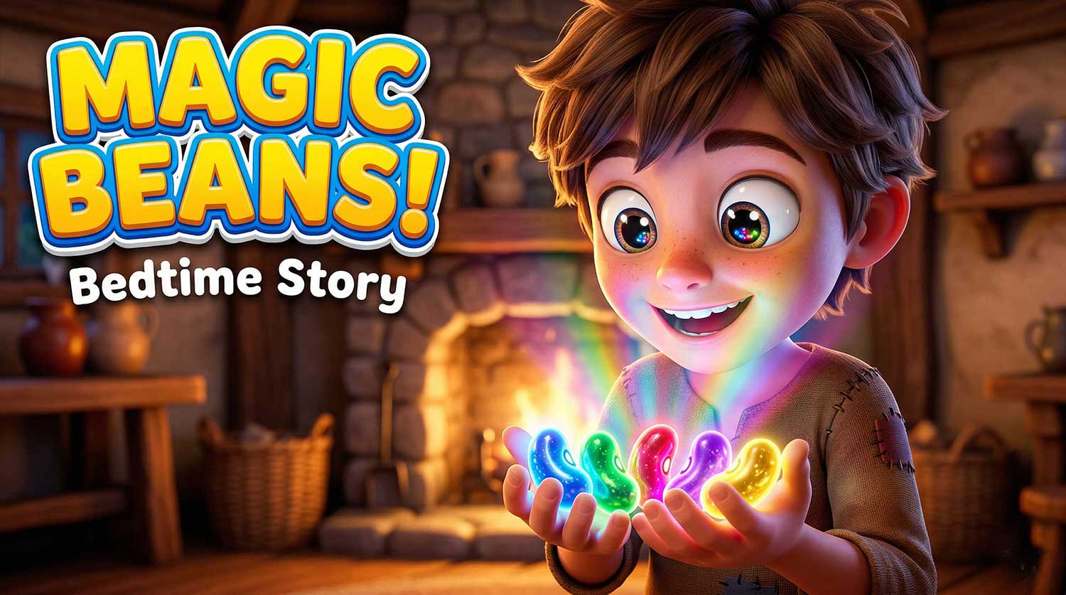 3D AI animated YouTube thumbnail of a smiling boy holding five brightly glowing multi-colored magic beans in a warm rustic cottage with bold text "MAGIC BEANS! Bedtime Story" by Inspirious Design
